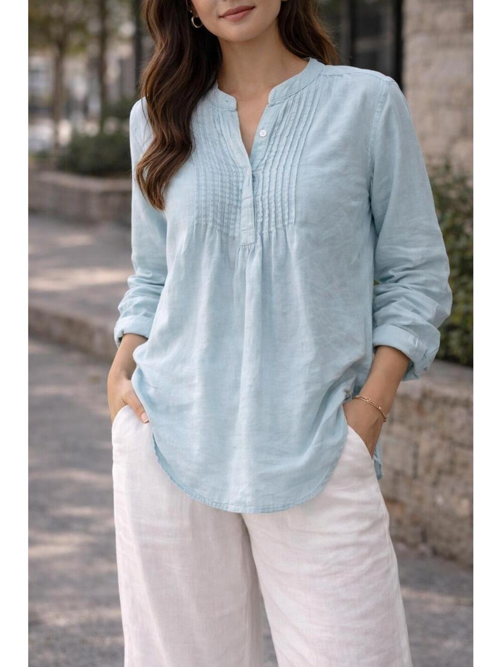 Chaps Linen Blouse Womens Medium Blue V Neck Long Sleeve Pleated Tunic